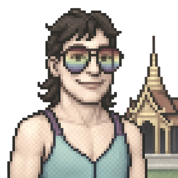 Pixel-art portrait of NaN — rainbow sunglasses, a Chiang Mai wat behind her